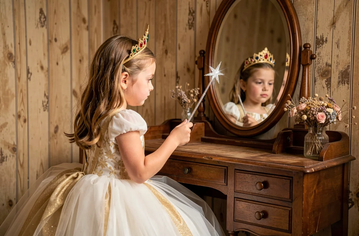 Fillette en costume de princesse avec tiare dorée et baguette magique devant un miroir vintage
