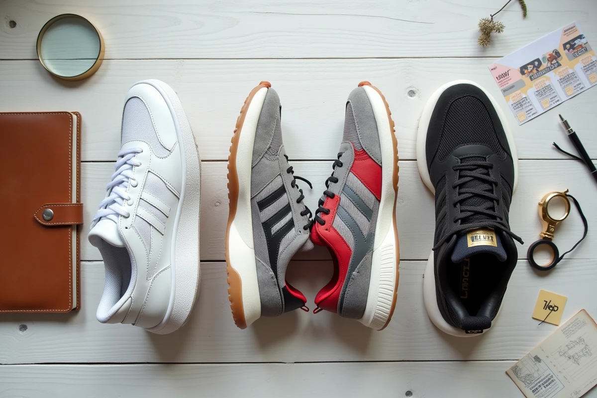 Flat lay de trois paires de baskets de collection premium avec accessoires de collectionneur sur table en bois blanc