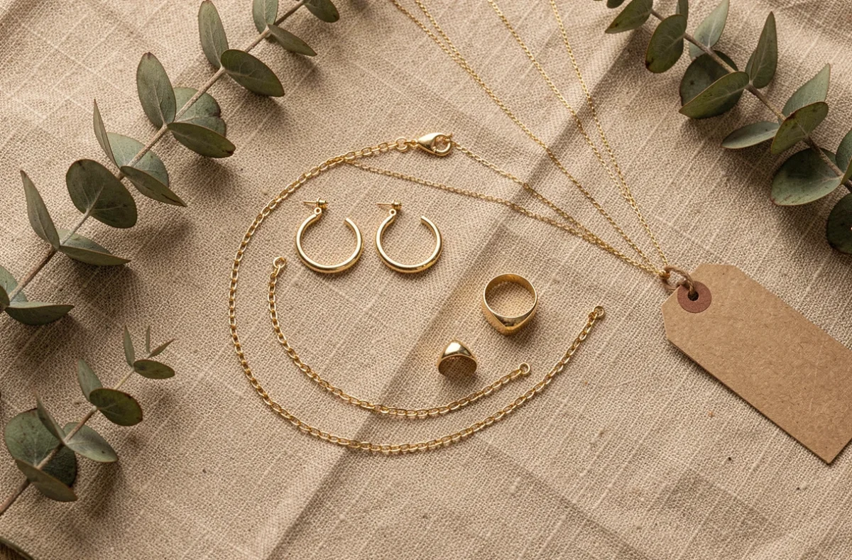 Flat lay de bijoux en plaqué or tendance incluant boucles d'oreilles créoles, bracelet chaîne et bague chevalière sur tissu lin beige