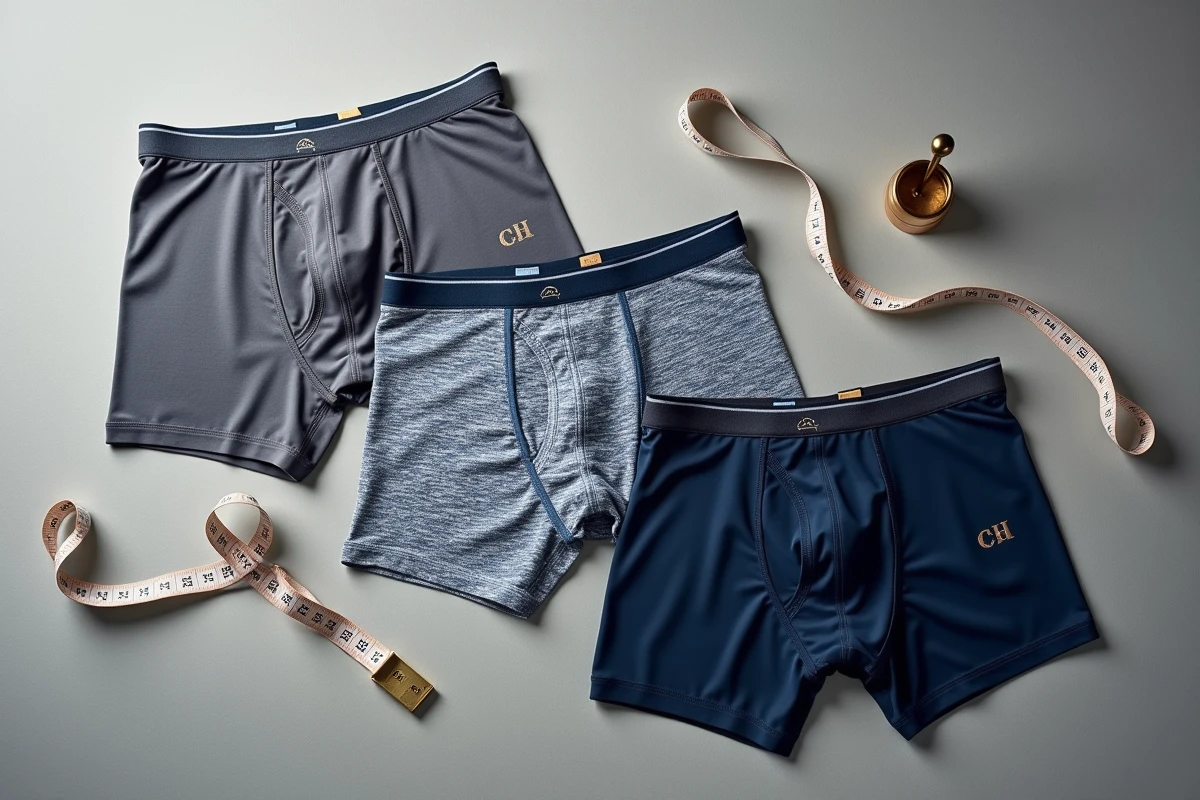 Flat lay de trois boxers personnalisés haut de gamme présentant différentes options de personnalisation : jacquard, impression et broderie