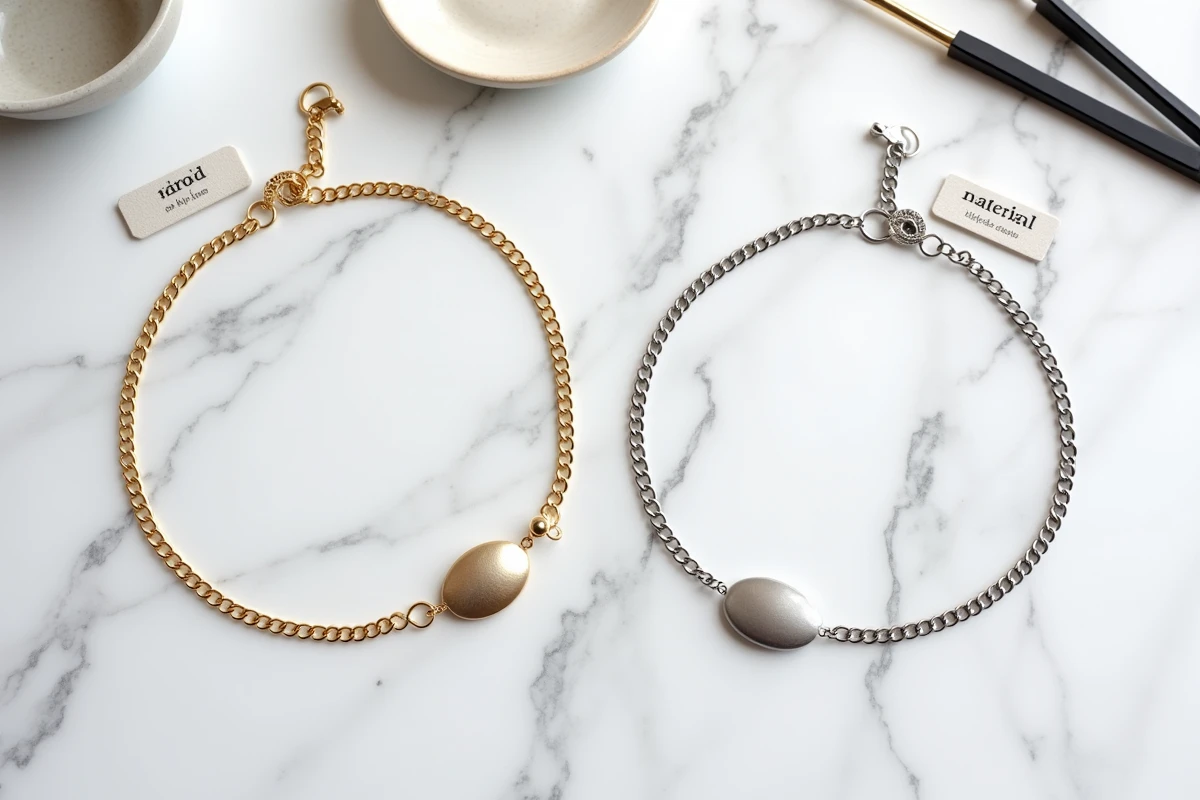 Flat lay de deux ras de cou en or et en acier posés sur marbre blanc avec étiquettes matériaux, vue du dessus
