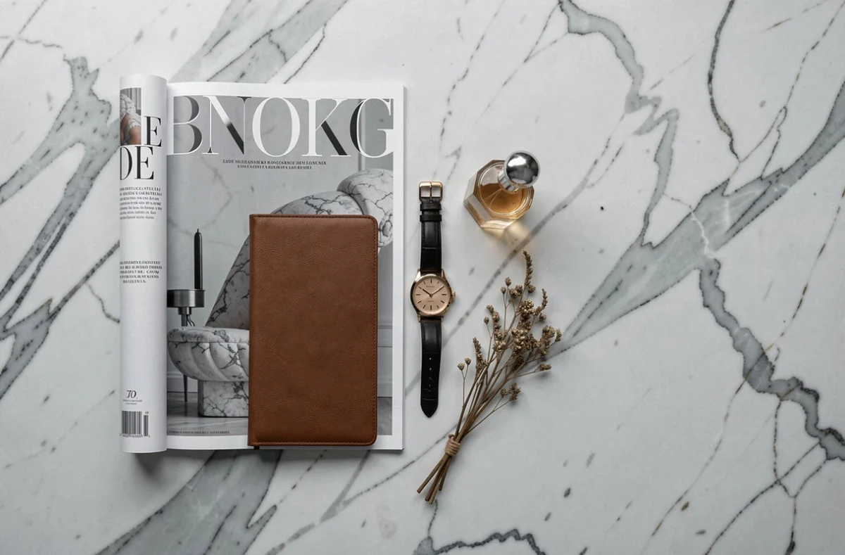 Composition flat lay sur marbre veiné réunissant montre mécanique, magazine luxe, carnet en cuir et flacon de parfum sculpté, symbolisant l'univers éditorial du média luxe Its Luxe Time