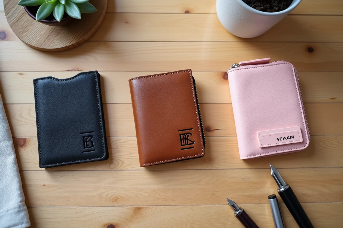 Flat lay de trois portefeuilles personnalisés pour homme et femme sur une table en chêne clair