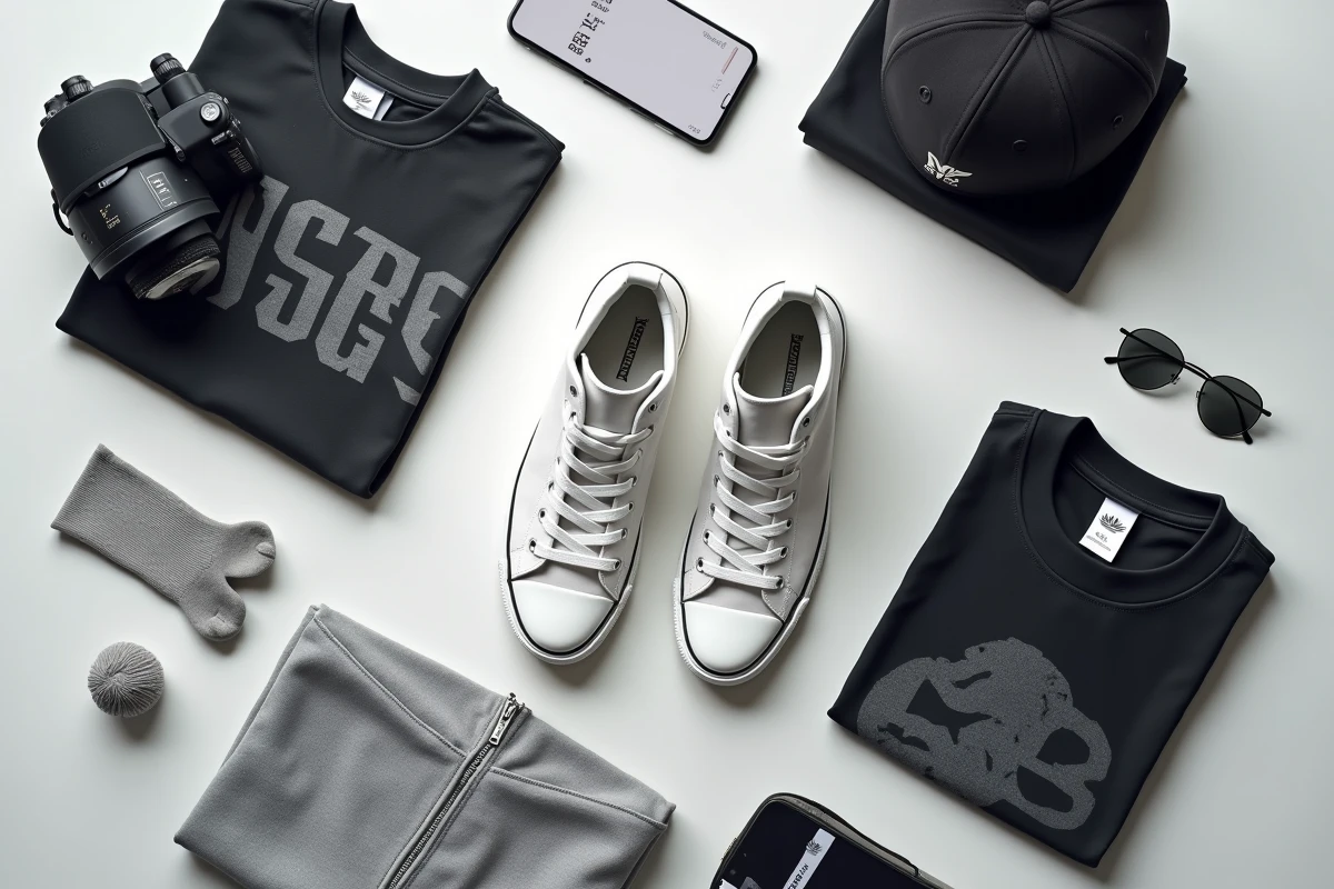 Flat lay de sneakers et vêtements streetwear soigneusement disposés avec un smartphone affichant une boutique en ligne