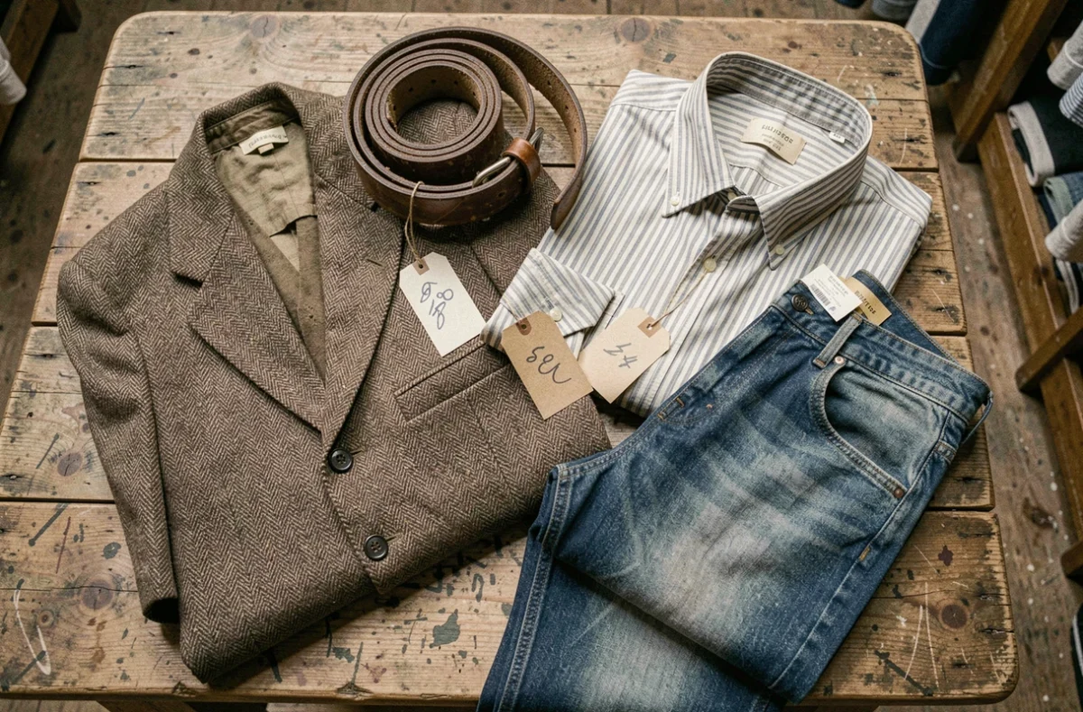 Flat lay de vêtements vintage pour homme dans une friperie strasbourgeoise, avec veste en laine, chemise oxford et jean brut sur une table en bois