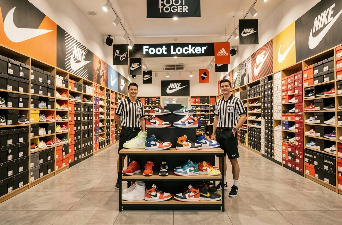 Intérieur d'un magasin Foot Locker avec ses vendeurs en uniforme rayé et ses baskets en exposition au Val d'Europe