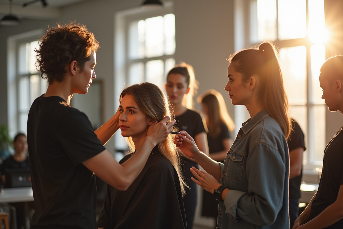 Formation en coiffure avec un coiffeur montrant des techniques sur un mannequin