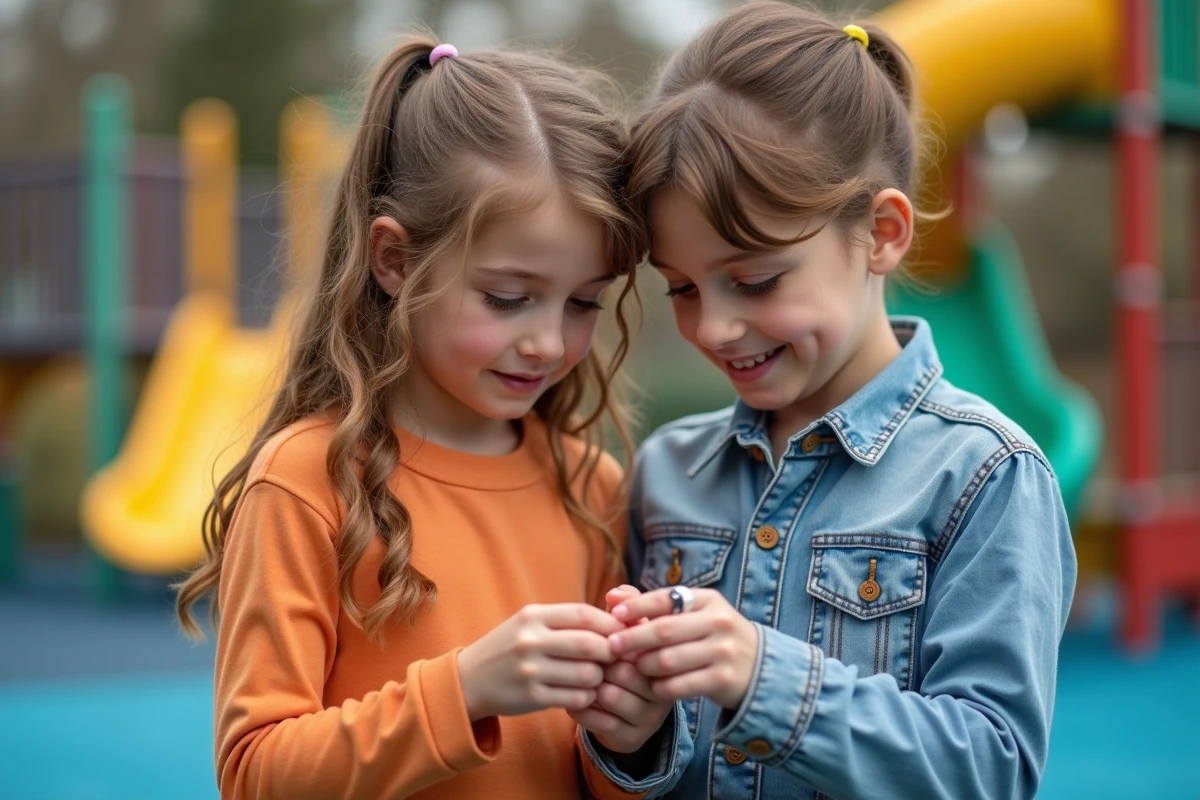Un garçon et une fille examinant des bagues BFF sur la aire de jeu