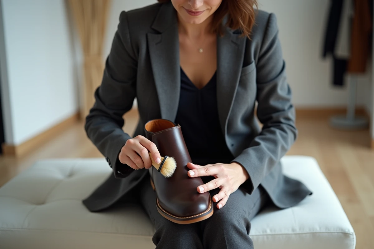 Femme appliquant de la graisse incolore sur une botte en cuir brun dans un couloir d'entrée moderne