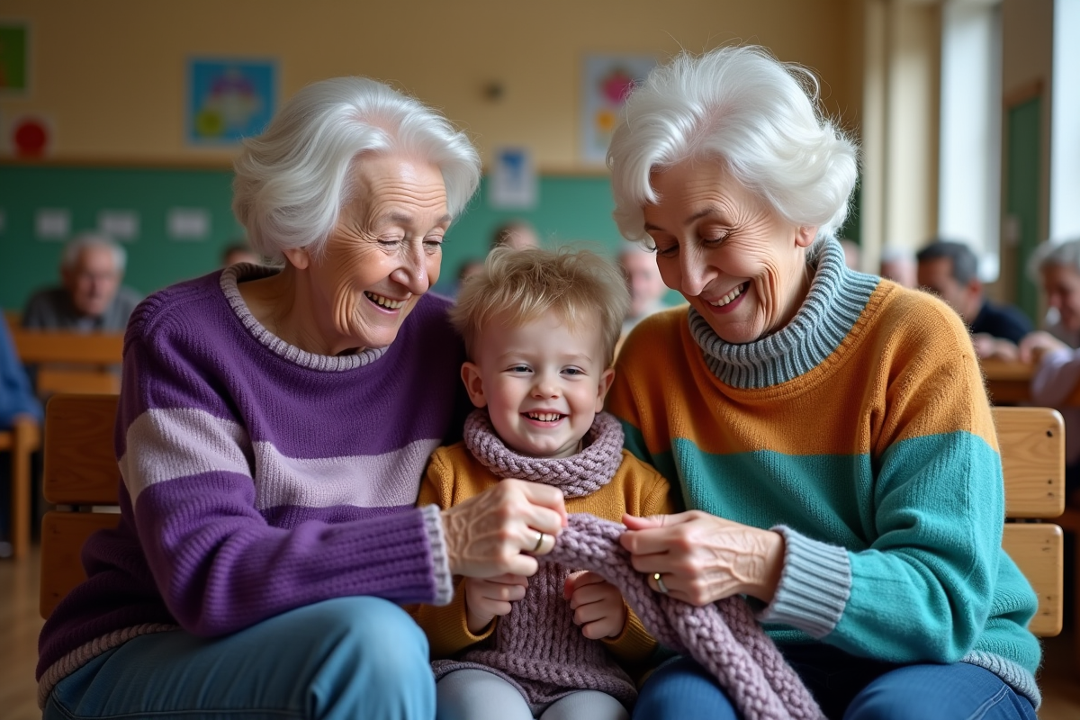 Grand-mere et enfant tricotant ensemble sur un banc