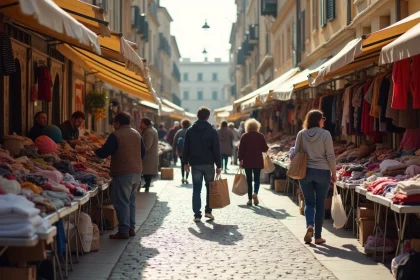 Vue d'ensemble de la grande braderie de Montpellier avec des stands de vêtements d'occasion et une foule de visiteurs dès l'ouverture
