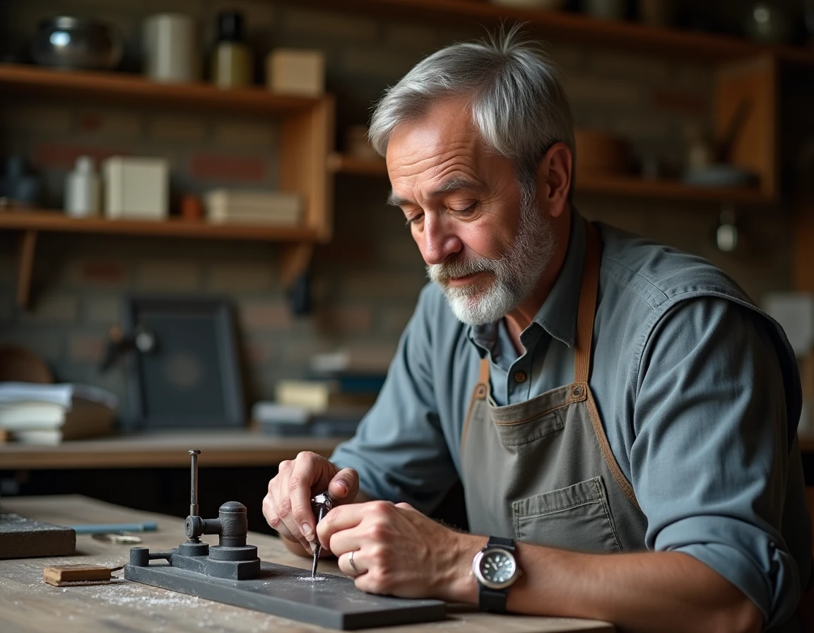 Graveur professionnel travaillant à la main une chevalière en argent dans un atelier de bijouterie artisanale