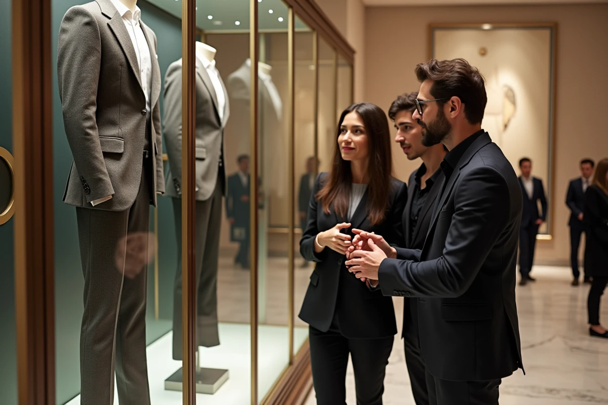 Groupe d appraiseurs de mode autour d une vitrine de pantalons