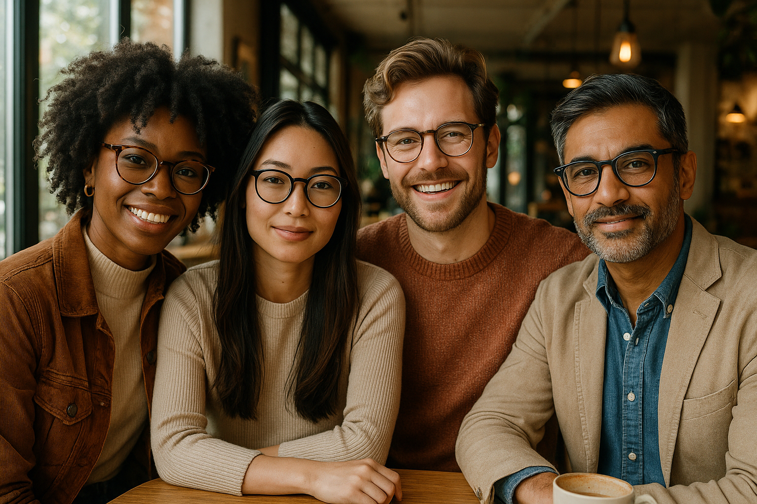 Groupe de personnes avec lunettes tendance dans un café lumineux