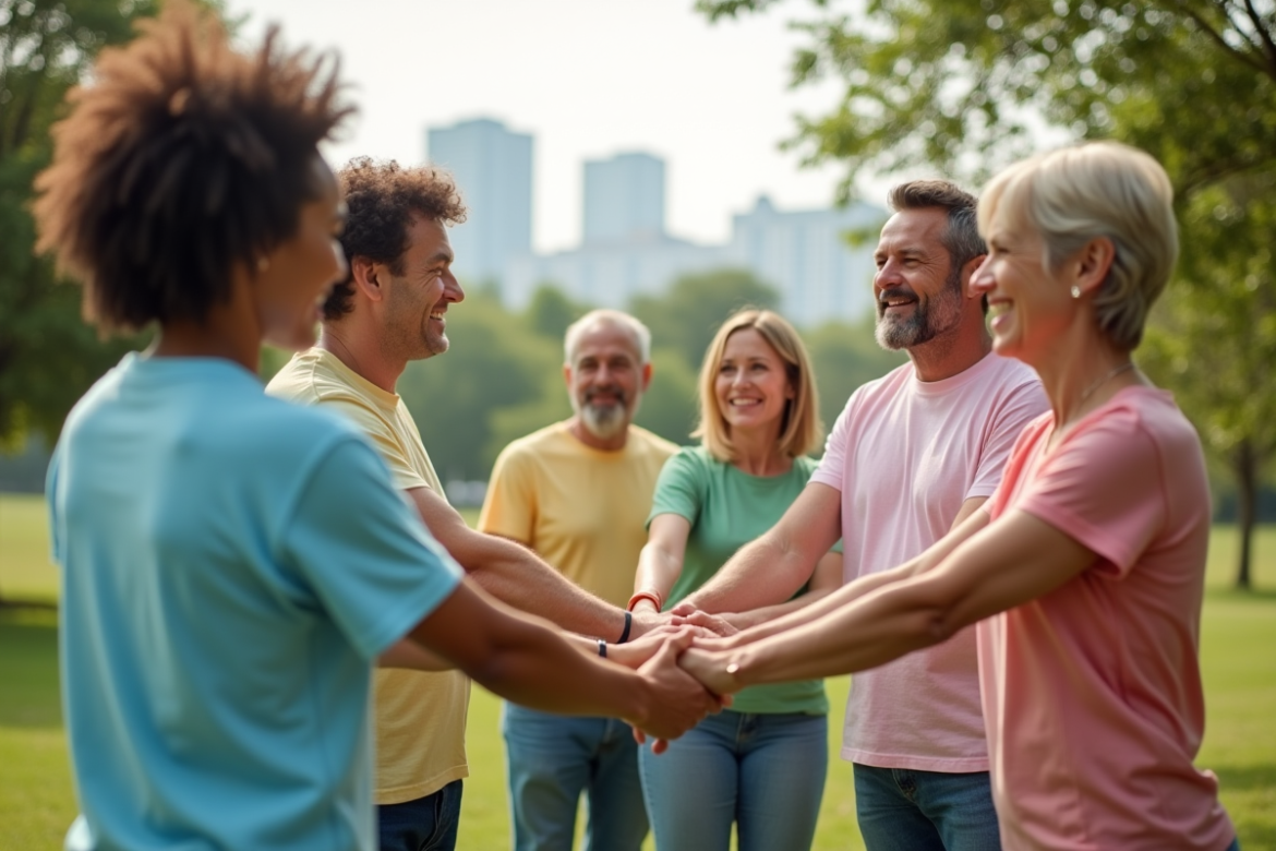 Groupe divers d'adultes souriants se tenant par la main dans un parc