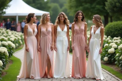 Femmes élégantes en robes de mariage dans un jardin