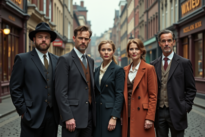 Groupe de personnes de différentes époques en vêtements authentiques