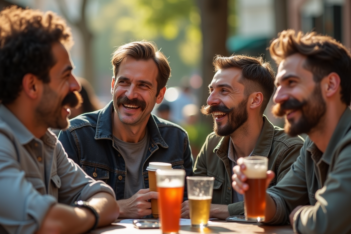 Groupe d hommes avec moustaches diverses au cafe en plein air
