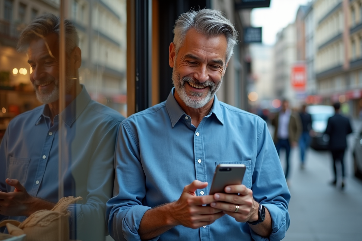 Homme souriant utilisant une application de bague en ville