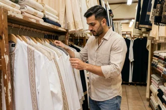Homme arabe en train d'examiner des djellabas et thobes blancs sur un rack dans un marché de tissus traditionnel
