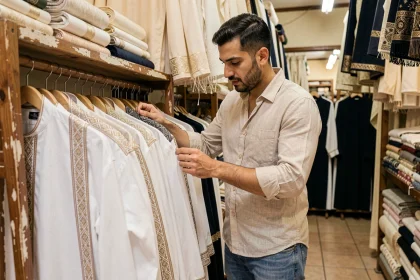 Homme arabe en train d'examiner des djellabas et thobes blancs sur un rack dans un marché de tissus traditionnel