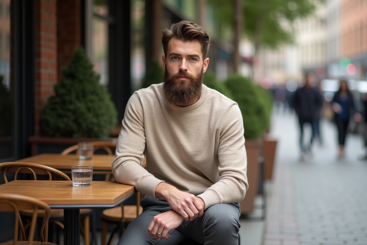 Homme barbu en sweater beige dans un café en ville