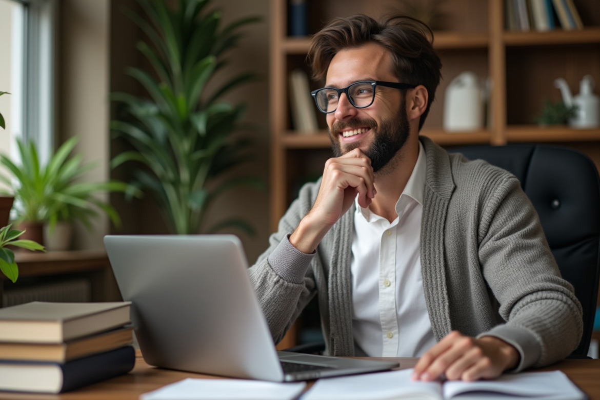 Homme barbu en bureau moderne et cosy avec décoration