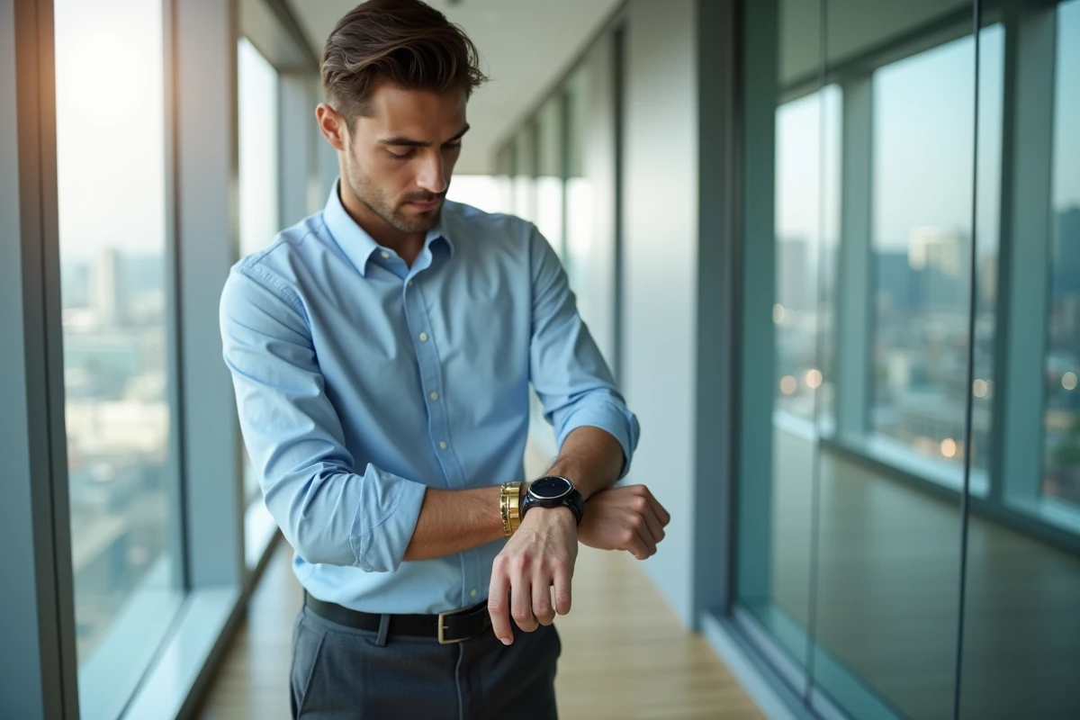 Homme professionnel mettant un bracelet en or au bureau