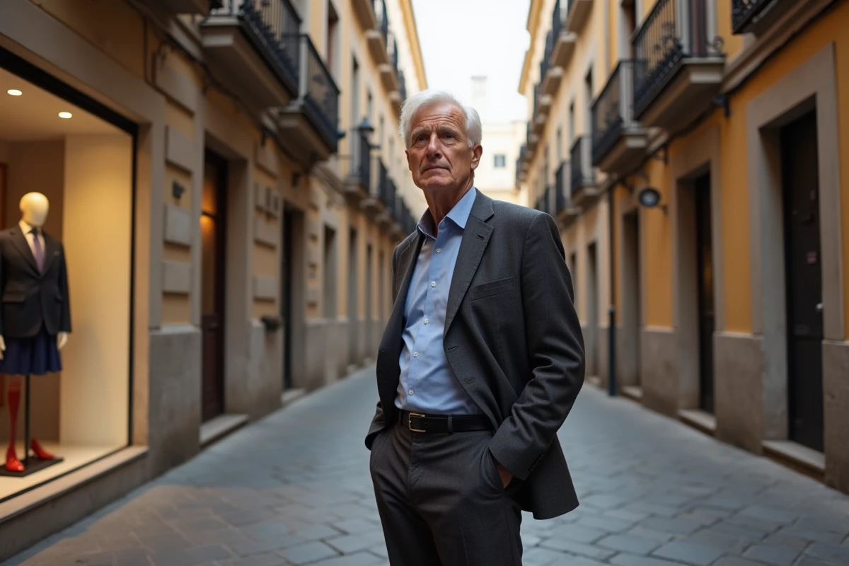 Homme d age moyen devant une boutique dans une rue espagnole