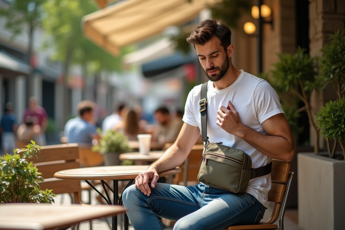 Jeune homme ajustant son sac banane au café en plein air