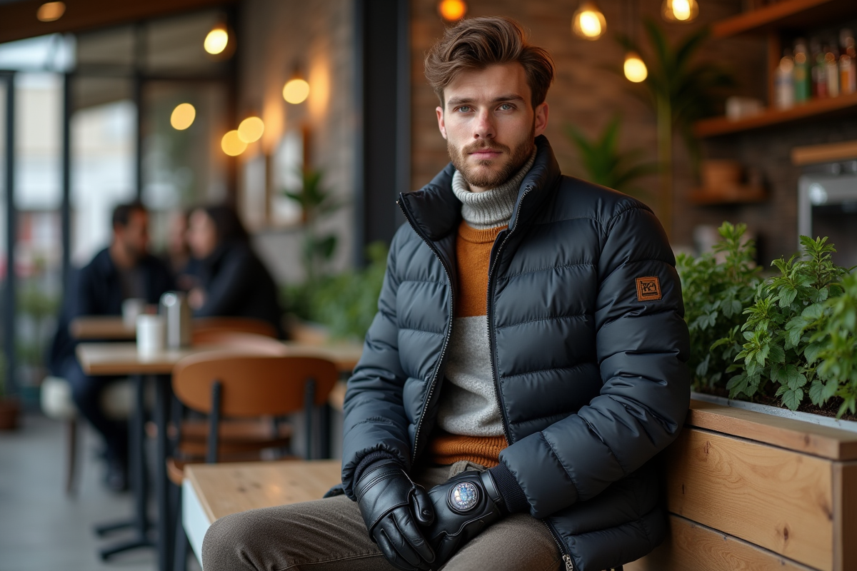 Homme détendu dans un café moderne avec vêtements chauds