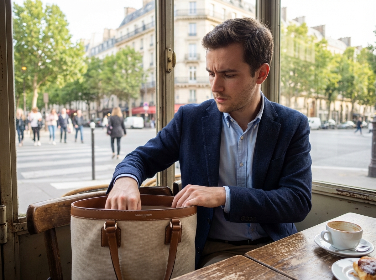 Homme professionnel au café avec sac shopper à Paris