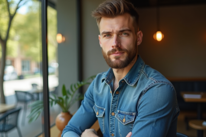 Jeune homme en denim près d une fenêtre de café ensoleillée