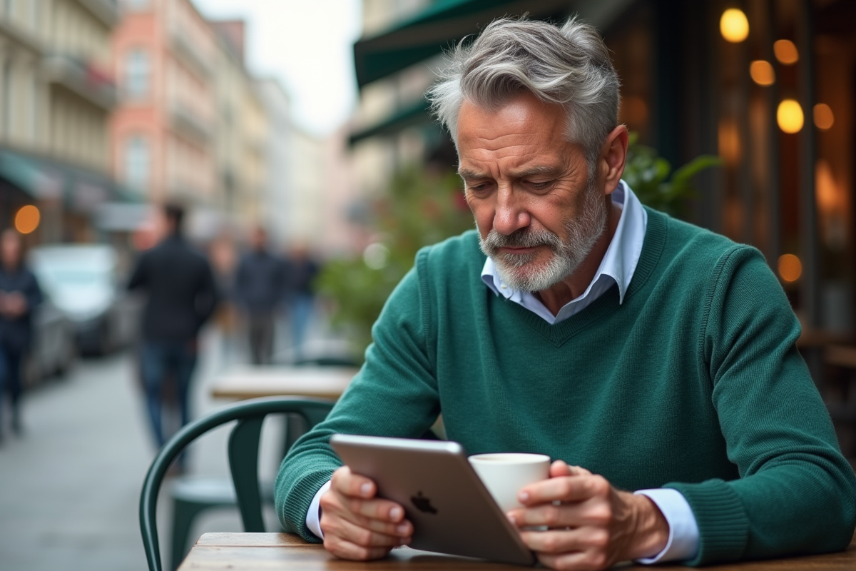 Homme d age assis en terrasse de café en pull vert jade