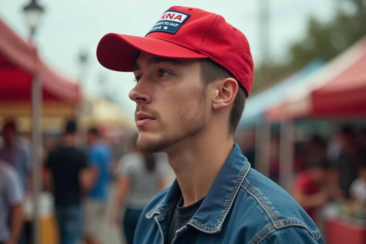 Homme portant une casquette Trump rouge brodée dans un marché en plein air