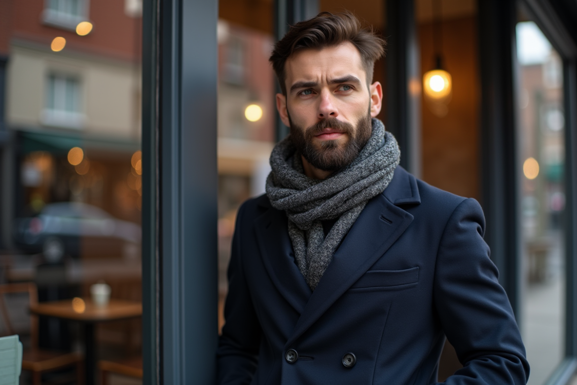 Homme élégant avec barbe ronde devant café urbain
