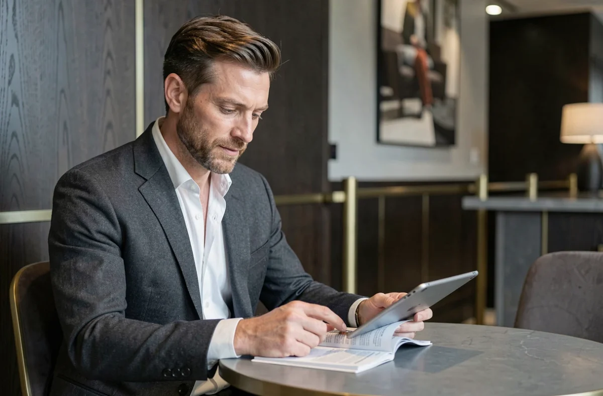 Homme en costume en laine charbon consultant un magazine de luxe sur tablette dans le lobby feutré d'un hôtel haut de gamme, représentant le lecteur moderne des médias luxe