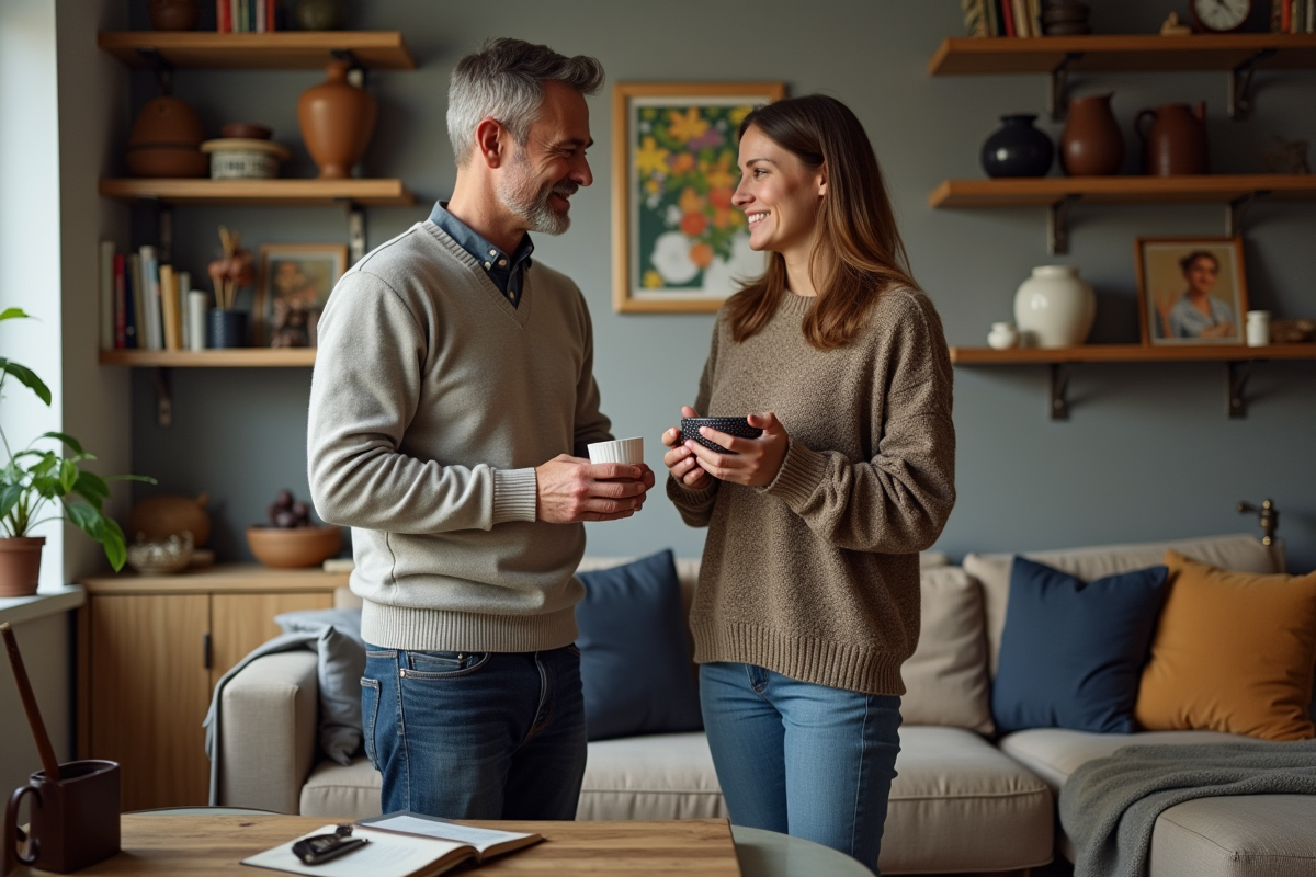 Homme et femme discutant dans un salon cosy