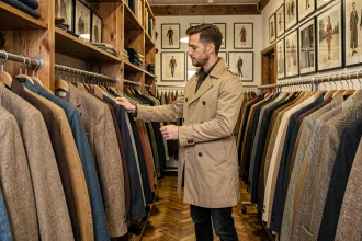 Homme trentenaire qui fait du shopping dans une friperie vintage à Strasbourg, parcourant des vêtements masculins sur des portants en bois