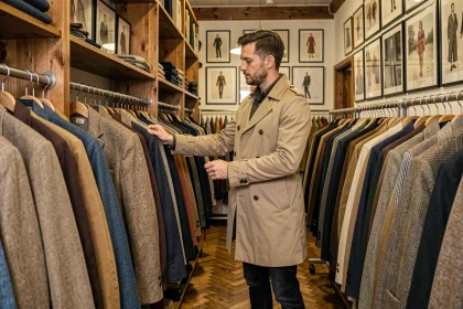Homme trentenaire qui fait du shopping dans une friperie vintage à Strasbourg, parcourant des vêtements masculins sur des portants en bois
