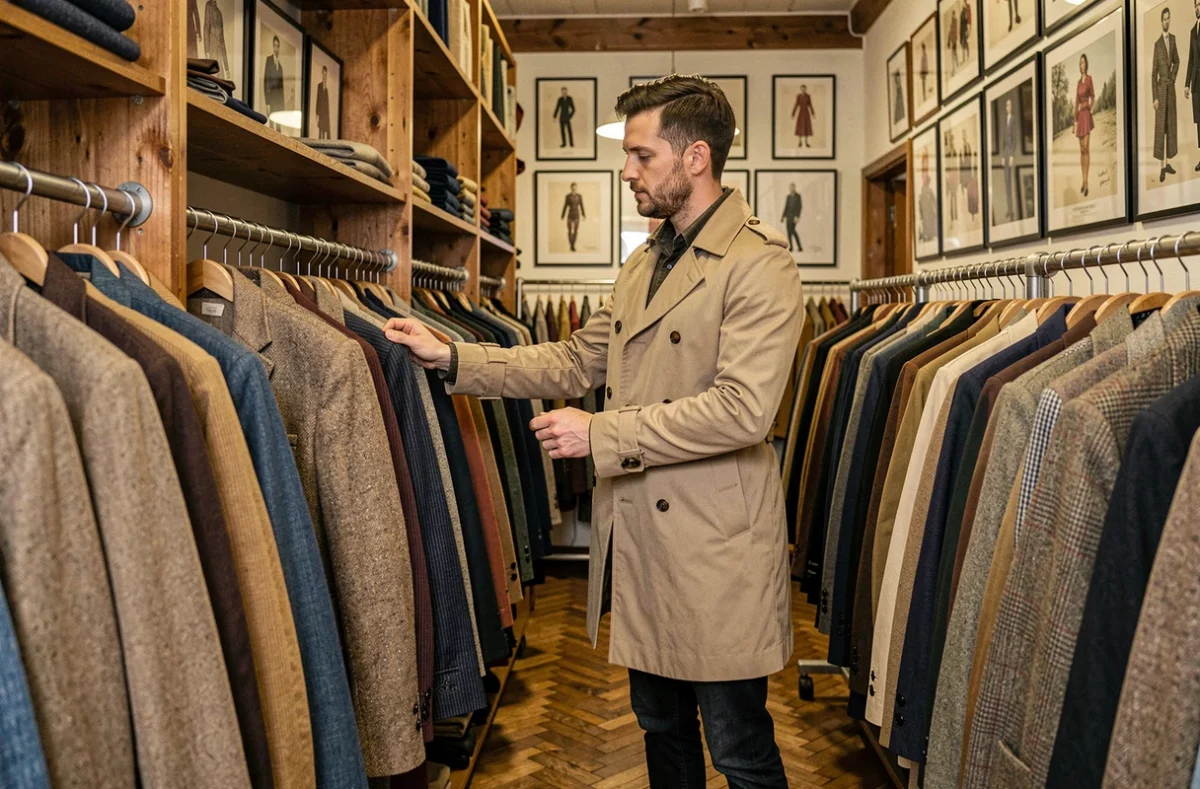 Homme trentenaire qui fait du shopping dans une friperie vintage à Strasbourg, parcourant des vêtements masculins sur des portants en bois
