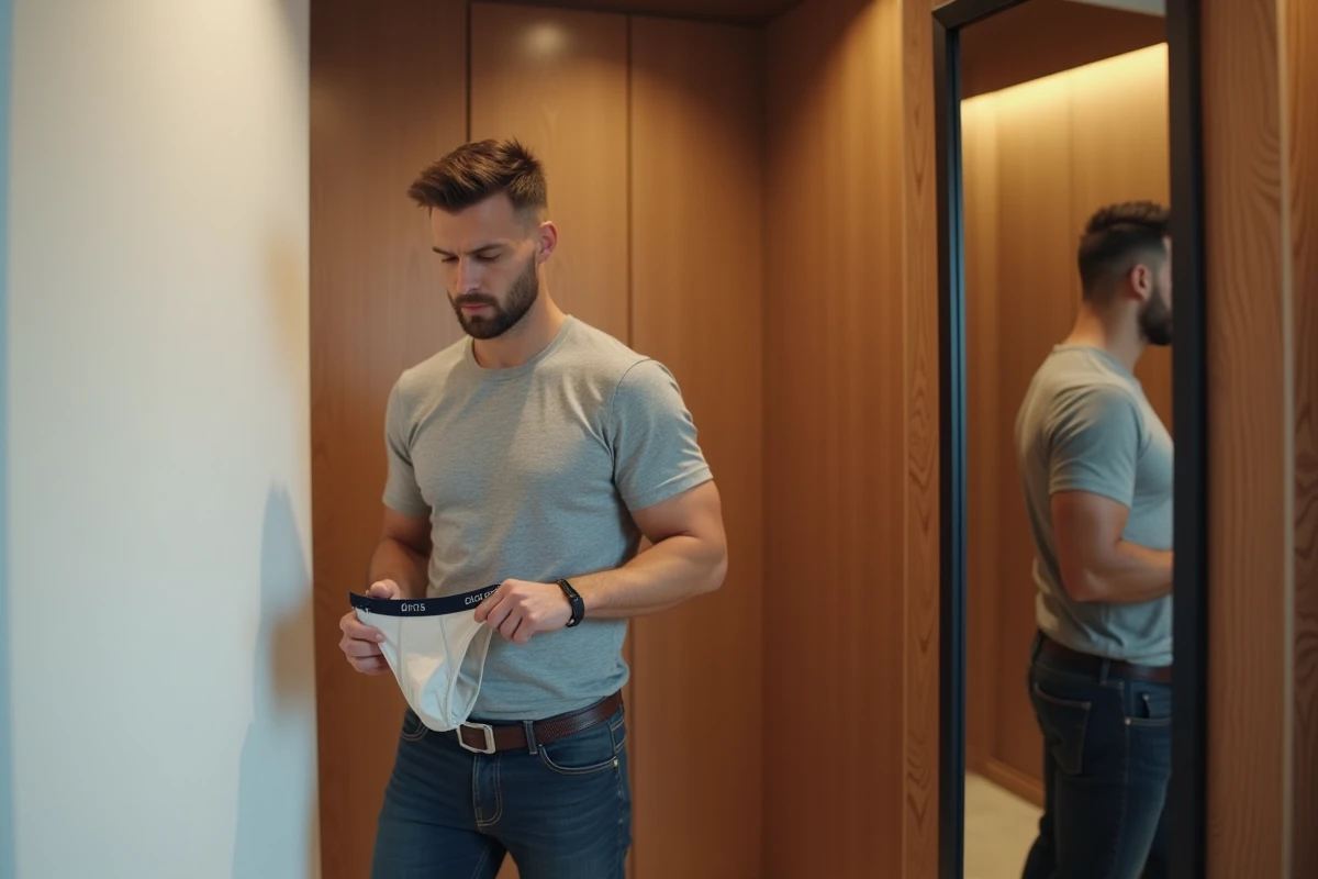 Homme inspectant un boxer personnalisé haut de gamme dans une cabine d'essayage de boutique moderne avec boiseries en chêne