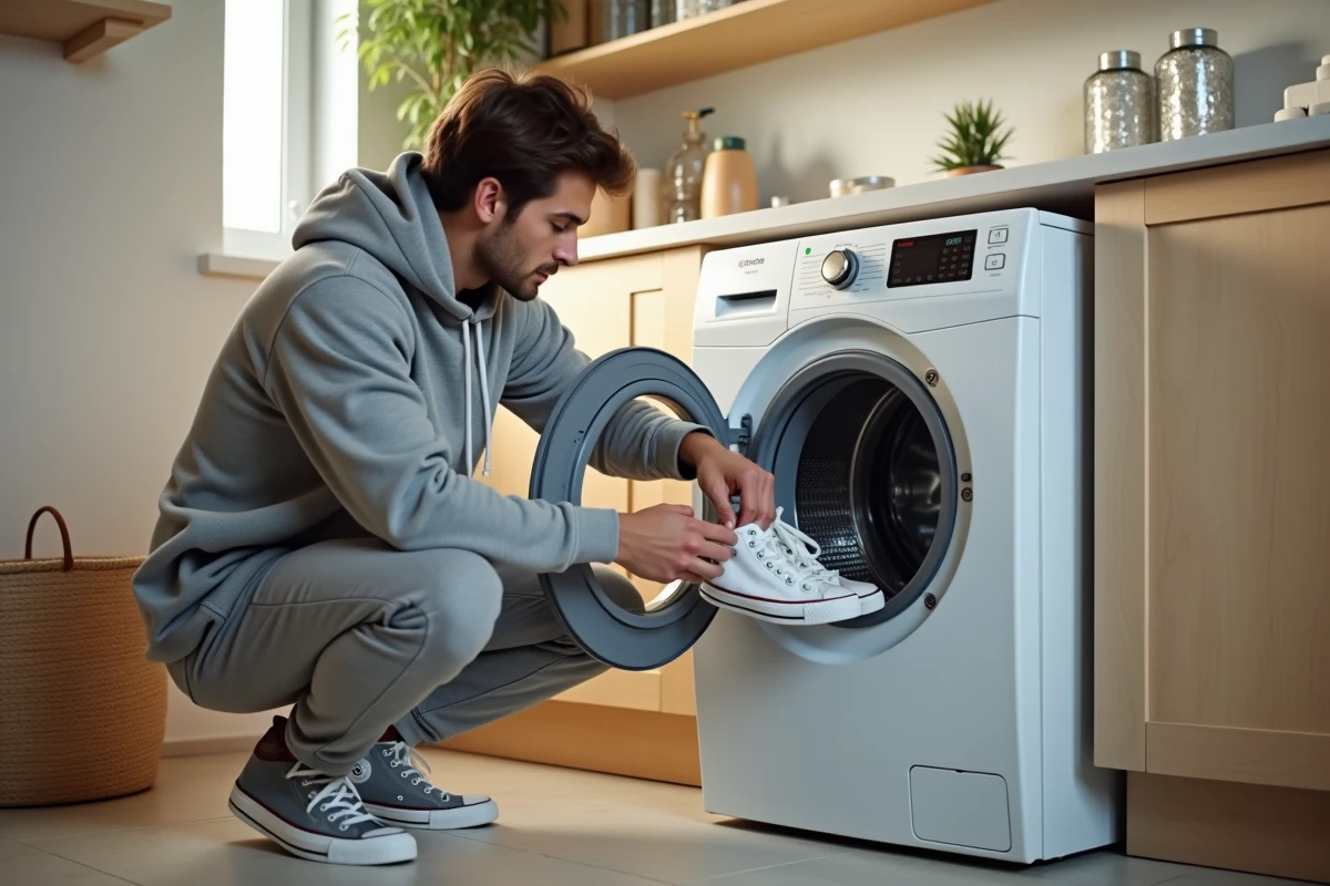Homme chargeant des sneakers dans une machine à laver