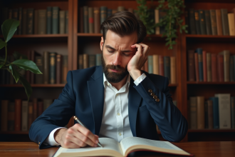 Homme barbu en chemise blanche et blazer lisant