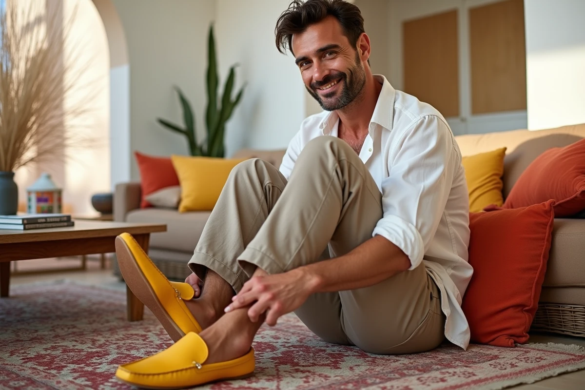 Homme en pantalon en lin et babouches jaunes dans un salon marocain