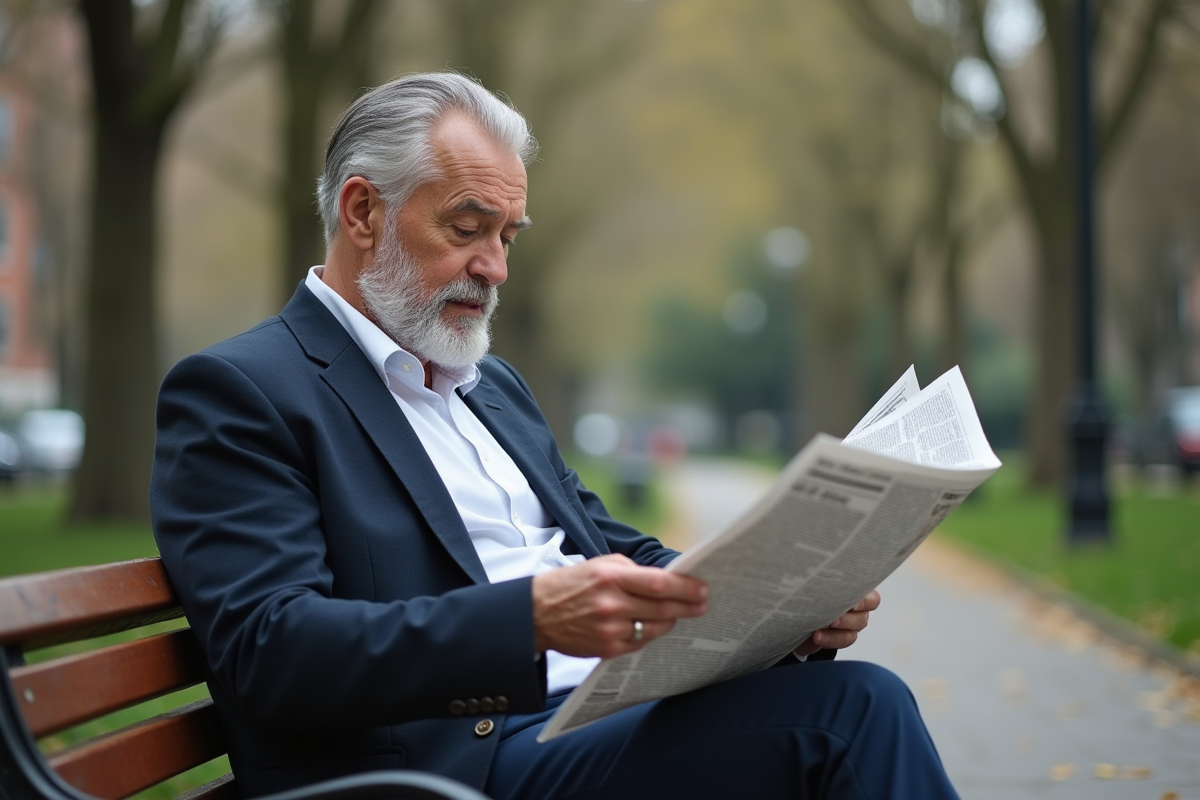 Homme d âge moyen lisant un journal dans un parc urbain