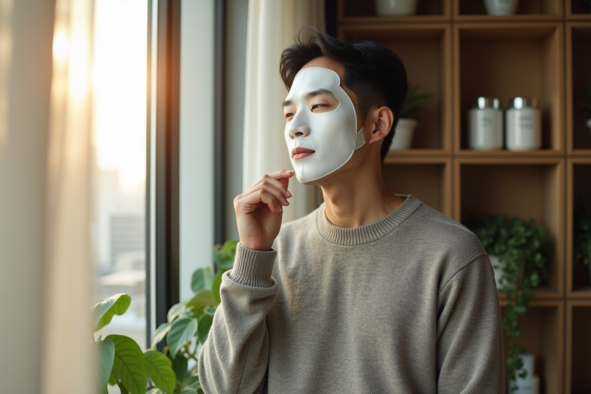Homme koreen appliquant un masque visage dans un appartement