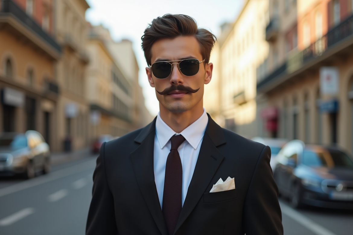 Jeune homme élégant avec moustache en ville en costume