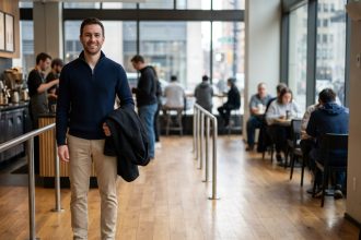 Homme élégant en sweater bleu dans un café moderne