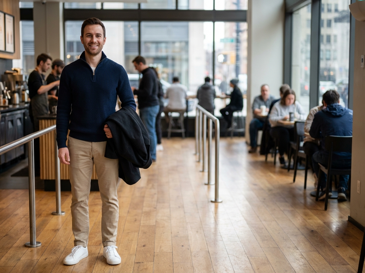 Homme élégant en sweater bleu dans un café moderne